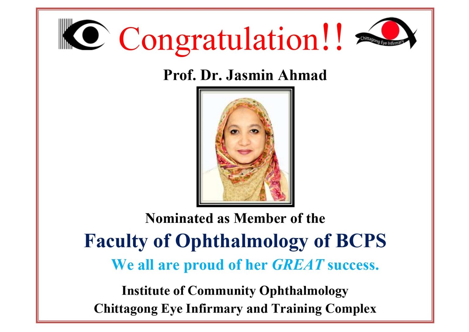 Heartiest Congratulations to Prof. Dr. Jasmin Ahmad